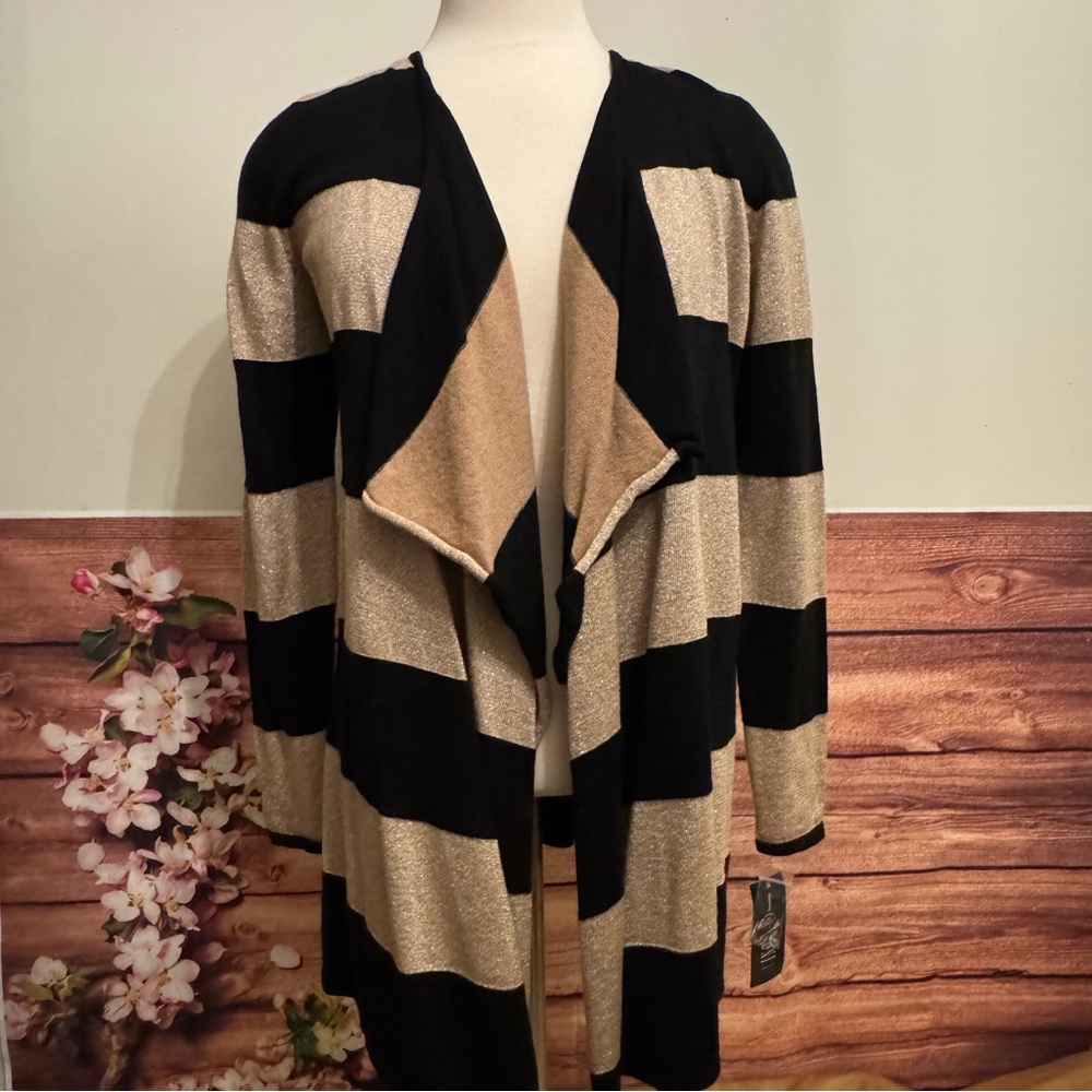 INC International Concepts Black Gold Metallic Stripe Cardigan Open Front NWT